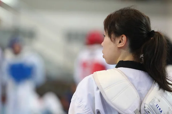 Bangkok Thailand June 2018 Woman Taekwondo Athlete Korea Fighting Match — Zdjęcie stockowe