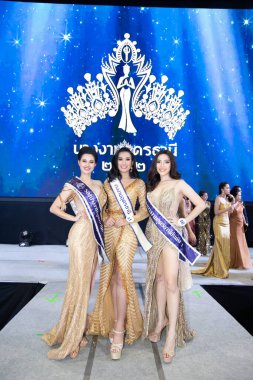 Udonthani, Thailand - July 23, 2019 ; Miss Thailand 2019 Udonthani, Group photo of Winner Beautiful Contestants with Sash Diamond Crown Awards on stage with evening gown Colorful at Montatip Hall