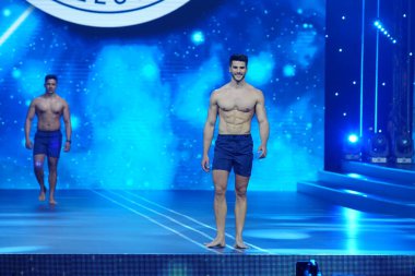Krinica, Poland - December 02, 2017 ; Mister Supranational 2017, Final Round of World Contest for Best Handsome Gentleman in the World at Hotel Krinica, Beach boxer short sport wear session