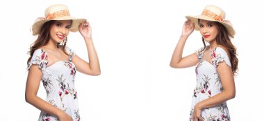 Kolaj Grubu Moda Genç Kafkas Kadın portresi güzel kıvırcık saçlar makyaj gülüşü ve bir çok pozla mutlu yaz elbisesi şapkası. Stüdyo Işıklandırma Arkaplanı izole edildi