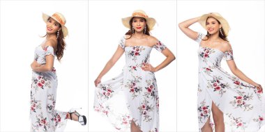 Kolaj Grubu Moda Genç Kafkas Kadın portresi güzel kıvırcık saçlar makyaj gülüşü ve bir çok pozla mutlu yaz elbisesi şapkası. Stüdyo Işıklandırma Arkaplanı izole edildi