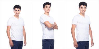 Boş alandaki genç beyaz adam beyaz tişört kolaj grubu konsepti olan beyaz arka plan izole edilmiş, mutlu bir gülümsemeyle el ele tutuşup kolları sıvazlıyor.