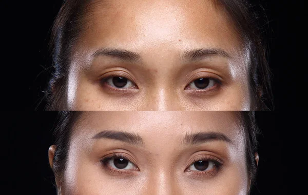 아시아 여성은 스타일을 적용하기 스타일을 만든다 얼굴에 피부도 부드럽고 스튜디오는 — 스톡 사진
