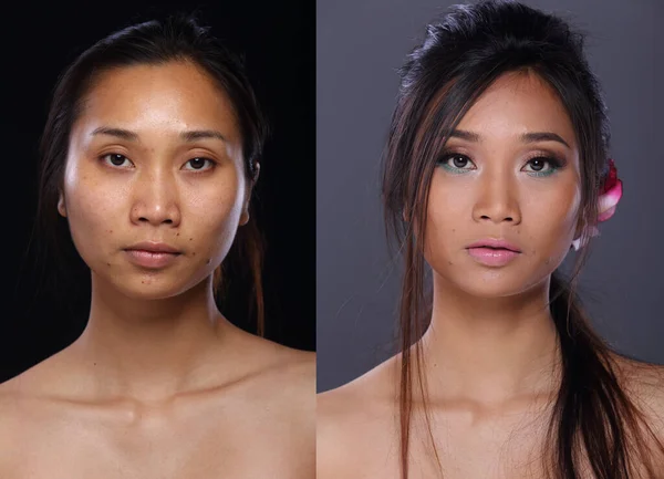 아시아 여성은 스타일을 적용하기 스타일을 만든다 얼굴에 피부도 부드럽고 배경을 — 스톡 사진