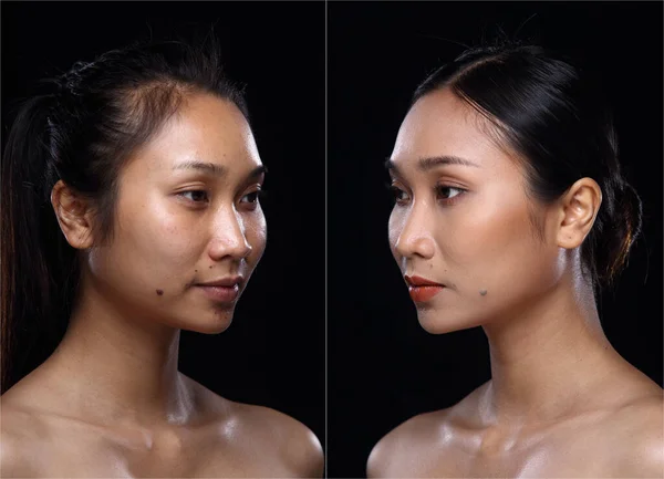 Mujer Asiática Antes Aplicar Maquillaje Estilo Pelo Sin Retoque Cara — Foto de Stock