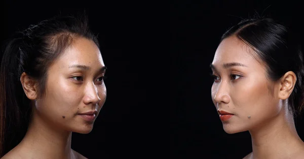 Asiatisk Kvinna Innan Efter Applicering Make Frisyr Ingen Retusch Fräscht — Stockfoto