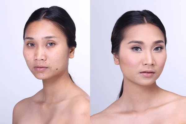 Asiatisk Kvinna Före Och Efter Make Ingen Retusch Fräscht Ansikte — Stockfoto
