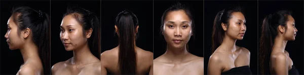 Makyaj Yapmadan Önce Bronz Tenli Asyalı Kadının Kolaj Yüzü Rötuş — Stok fotoğraf