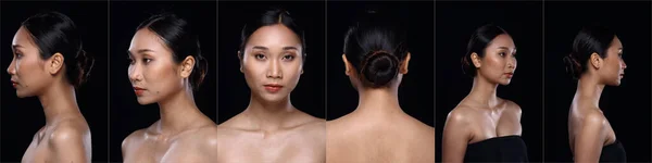 Kolaż Twarz Azjatyckiej Opalonej Skóry Kobieta Zastosowaniu Makijażu Fryzurę Bez — Zdjęcie stockowe