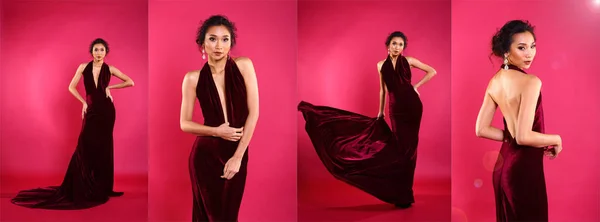 Voller Länge Rot Samt Sexy Abendkleid Ballkleid Asiatischen Schönen Gebräunte — Stockfoto