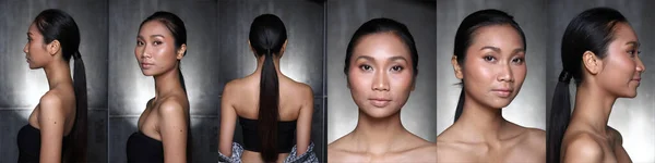 適用後のアジアの女性はヘアスタイルを構成します レタッチなしにきび ウォート 素敵な滑らかな肌 リアサイドバックビューと新鮮な顔の目 スタジオ照明 アブストラクトブラーダークグレーの背景 — ストック写真
