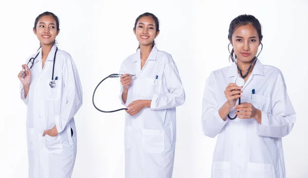 Professionell Asiatisk Vacker Läkare Sjuksköterska Kvinna Labcoat Uniform Svart Hår — Stockfoto