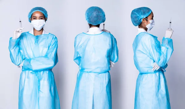 Aziatisch Mooi Arts Verpleegkundige Vrouw Veiligheid Blauw Uniform Met Stethoscoop — Stockfoto