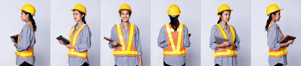 Beautiful Asian Architect Engineer Women Yellow Hard Hat Safety Vast — Stock Photo, Image