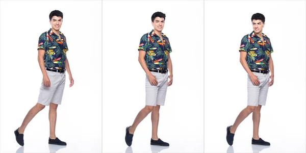 Young Caucasian Man Summer Tropical Printed Polo Shirt White Short — 스톡 사진