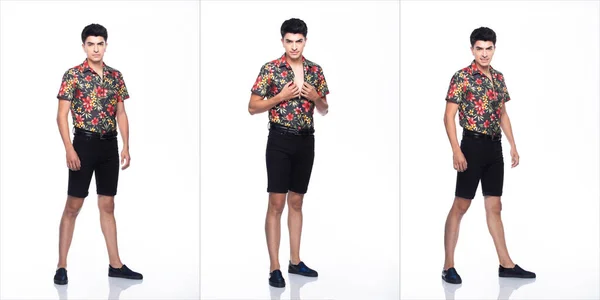 Young Caucasian Man Summer Tropical Printed Polo Shirt Black Short — 스톡 사진