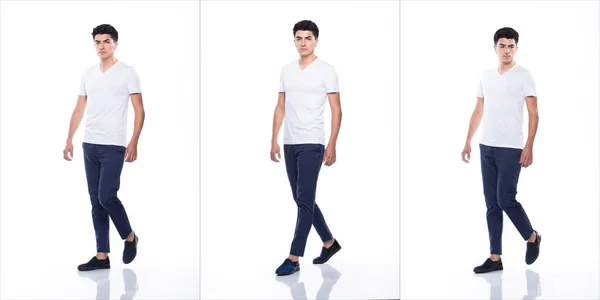 Young Caucasian Man Empty Area Blank White Shirt Jeans Stand — 스톡 사진