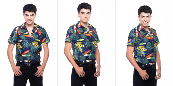 Jeune Homme Caucasien Été Imprimé Tropical Polo Shirt Noir Stand — Photo