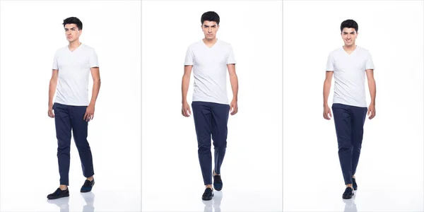 Giovane Uomo Caucasico Zona Vuota Bianco Bianco Shirt Jeans Stand — Foto Stock