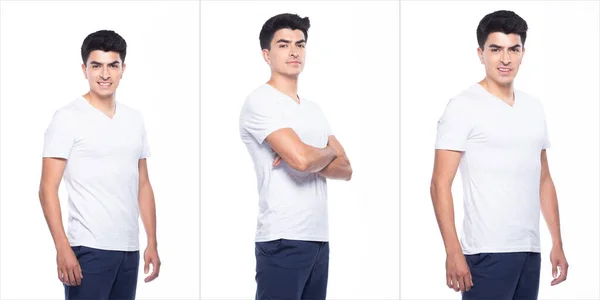 Boş Alandaki Genç Beyaz Adam Beyaz Tişört Kolaj Grubu Konsepti — Stok fotoğraf