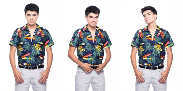 Joven Caucásico Hombre Verano Tropical Impreso Polo Camisa Negro Corto — Foto de Stock