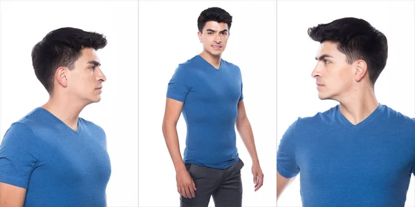 Joven Caucásico Hombre Zona Vacía Blanco Azul Camiseta Pantalones Vaqueros — Foto de Stock