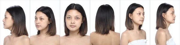 在申请化妆风格之前 包装亚洲女人的大学组 没有皱纹 新鲜的脸与美丽和光滑的皮肤 演播室里灯火通明 许多脸色红润的人转身 — 图库照片