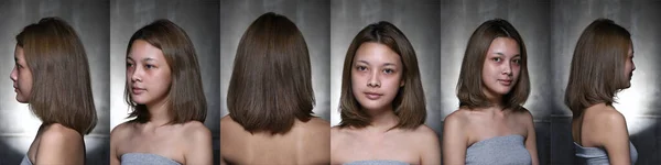 亚洲女人在申请化妆前的发型 无皱纹 面容清澈 有粉刺 皮肤光滑 后部后视镜 工作室照明抽象模糊的深灰色背景 — 图库照片