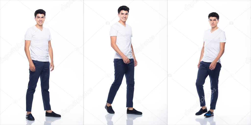 Young Caucasian Man in Empty area blank white T-Shirt Jeans stand and walk in turning head look with feeling happy smile strong, white background isolated, full length collage group concept