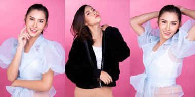 Moda yirmili yaşlardaki Asyalı kadın ten rengi siyah kahverengi saçlı güzel yüksek moda sıradan mor elbise. Stüdyo Işıklandırma Pembe Arkaplanı izole, kolaj grubu konsepti