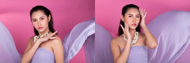 Moda yirmili yaşlardaki Asyalı kadın ten rengi siyah kahverengi saçlı güzel yüksek moda, sıradan mor kumaş fırlatma. Stüdyo Işıklandırma Pembe Arkaplanı izole, kolaj grubu konsepti