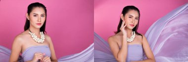 Moda yirmili yaşlardaki Asyalı kadın ten rengi siyah kahverengi saçlı güzel yüksek moda, sıradan mor kumaş fırlatma. Stüdyo Işıklandırma Pembe Arkaplanı izole, kolaj grubu konsepti