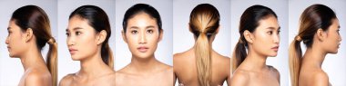 Collage Group of Fashion 'un sarı, sıska, siyah saçlı kolaj grubu çok güzel bir makyaja sahip ve kızın yüzü çok farklı şekillerde görünüyor. Stüdyo Işıklandırma Beyaz Arkaplan 360 izole