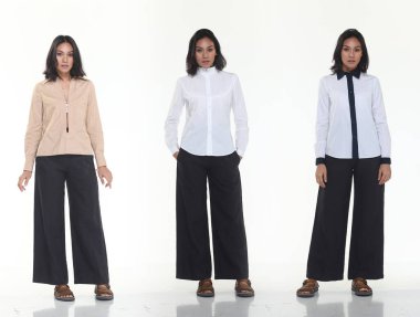 Asyalı, bronz tenli, 20 'li yaşlarda bir grup kolajı. Zayıf kadın, siyah saç standı modası. Günlük kıyafetlerle poz veriyor.