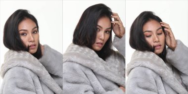 Asyalı, bronz tenli, 20 'li yaşlarda bir grup kolajı. Sıska kadın, siyah saç standı modası. Günlük giysiler içinde poz veriyor.