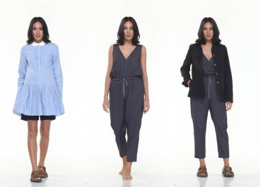Asyalı, bronz tenli, 20 'li yaşlarda bir grup kolajı. Zayıf kadın, siyah saç standı modası. Günlük kıyafetlerle poz veriyor.