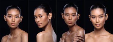 Güzel, bronz tenli, siyah saçlı, güzel pozlu, omuzları açık, stüdyo ışıkları siyah arka plan fotokopi alanı, moda gözlü Asyalı kızlar, aşk dolu bir kalp.