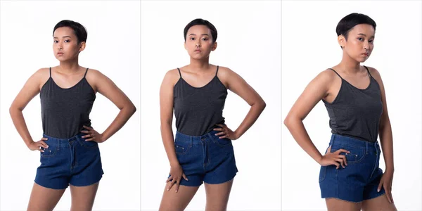 Fashion Jonge Gebruinde Huid Aziatische Vrouw Kort Franje Haar Dragen — Stockfoto
