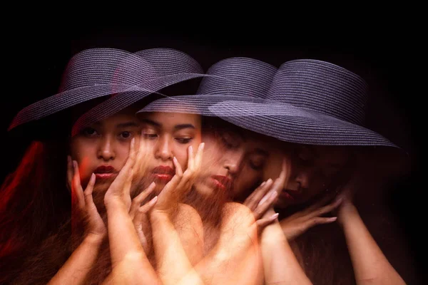 Stroboskopisk Bild Modell Många Flickor Asiatisk Tan Skin Kvinna Lockigt — Stockfoto