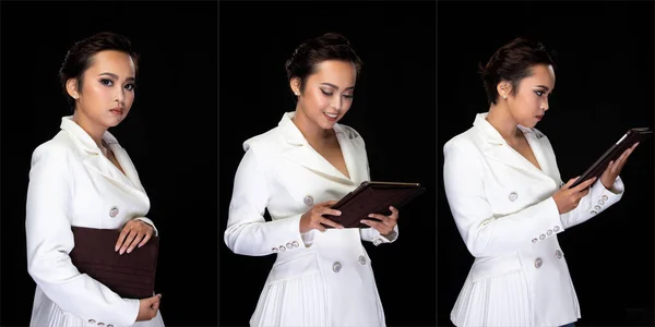 Portret Snap Rysunek Asian Business Woman Nosi Biały Formalny Odpowiedni — Zdjęcie stockowe