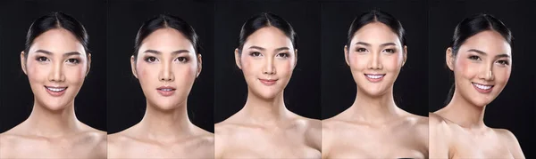 아시아 여성의 콜라주 스타일을 얼굴에 피부도 부드럽고 어두운 배경을 조명하는 — 스톡 사진