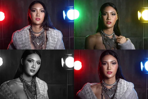 Collage Pack Group Portret Mooie Aziatische Lange Rechte Zwarte Haar — Stockfoto