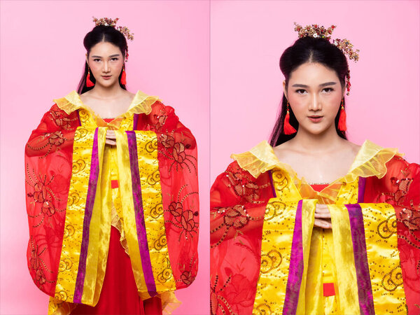 Red Gold lace of Chinese Traditional Costume Opera or South East Asia Reddish Dress in Asian Woman with decoration portrait in many poses under Studio lighting Pink background, collage group pack