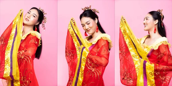 中国传统歌剧或东南亚红衣女装的红金色花边 在工作室灯光粉红背景 拼贴组包装下 有许多姿势的装饰肖像 — 图库照片