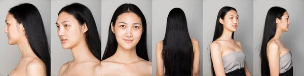 亚洲女人在申请化妆前的发型 没有皱纹 新鲜的脸与美丽和光滑的皮肤 工作室照明灰色背景 — 图库照片