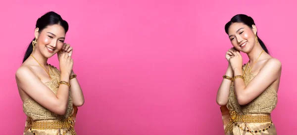 泰国传统服饰或东南亚黄金服饰亚洲女性服饰在工作室灯光下的许多姿势下装饰肖像粉红背景 拼贴成组包装 — 图库照片