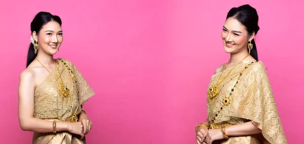 Tayland Geleneksel Kostümü Veya Güneydoğu Asya Altın Elbisesi Stüdyo Altında — Stok fotoğraf