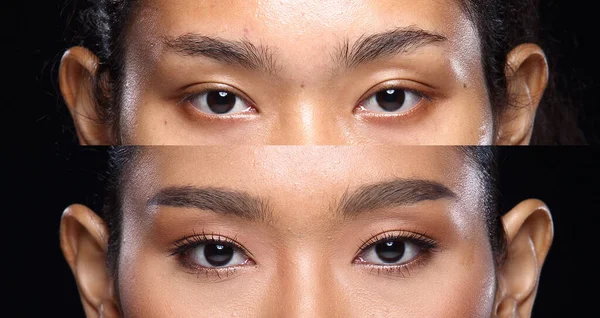 아시아 여성은 스타일을 적용하기 스타일을 만든다 얼굴에 피부도 부드럽고 스튜디오는 — 스톡 사진