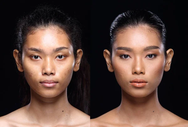 Mujer Asiática Antes Aplicar Maquillaje Estilo Pelo Sin Retoque Cara — Foto de Stock