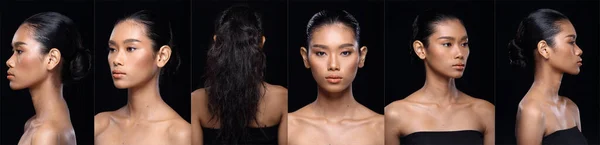 Collage Cara Piel Bronceada Asiática Mujer Después Aplicar Maquillaje Estilo —  Fotos de Stock